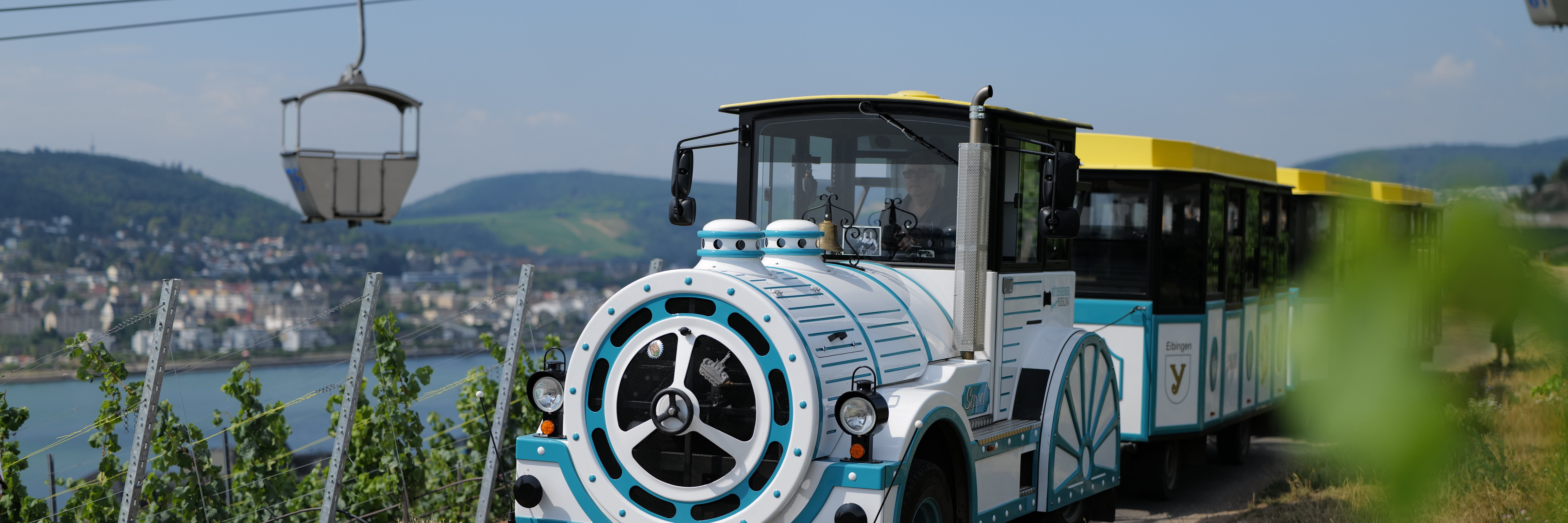 Der blau-weiße Zug namens Winzerexpress fährt unterhalb der Seilbahn durch die Weinberge.