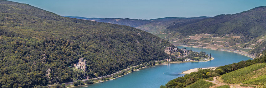 Blick auf den Rheinverlauf bei sonnigen Wetter. Zu sehen ist Assmannshausen und auf der anderen Rheinseite die Burg Rheinstein