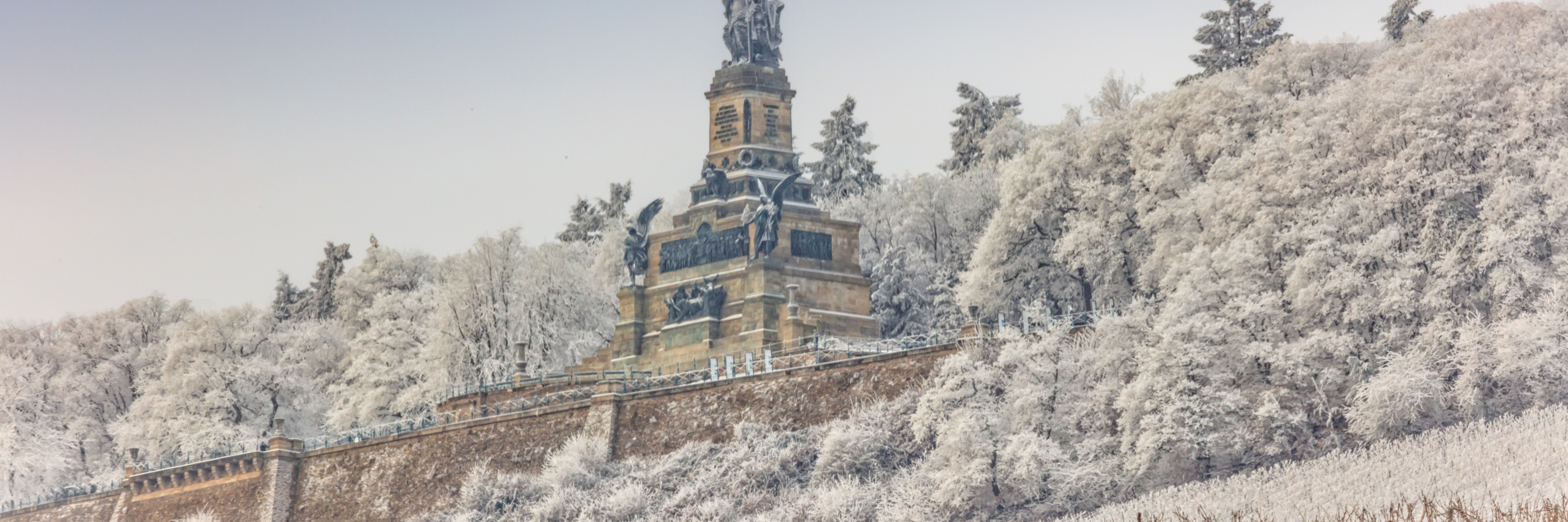 Das Niederwalddenkmal ist umrandet von mit Frost bedeckten Bäumen