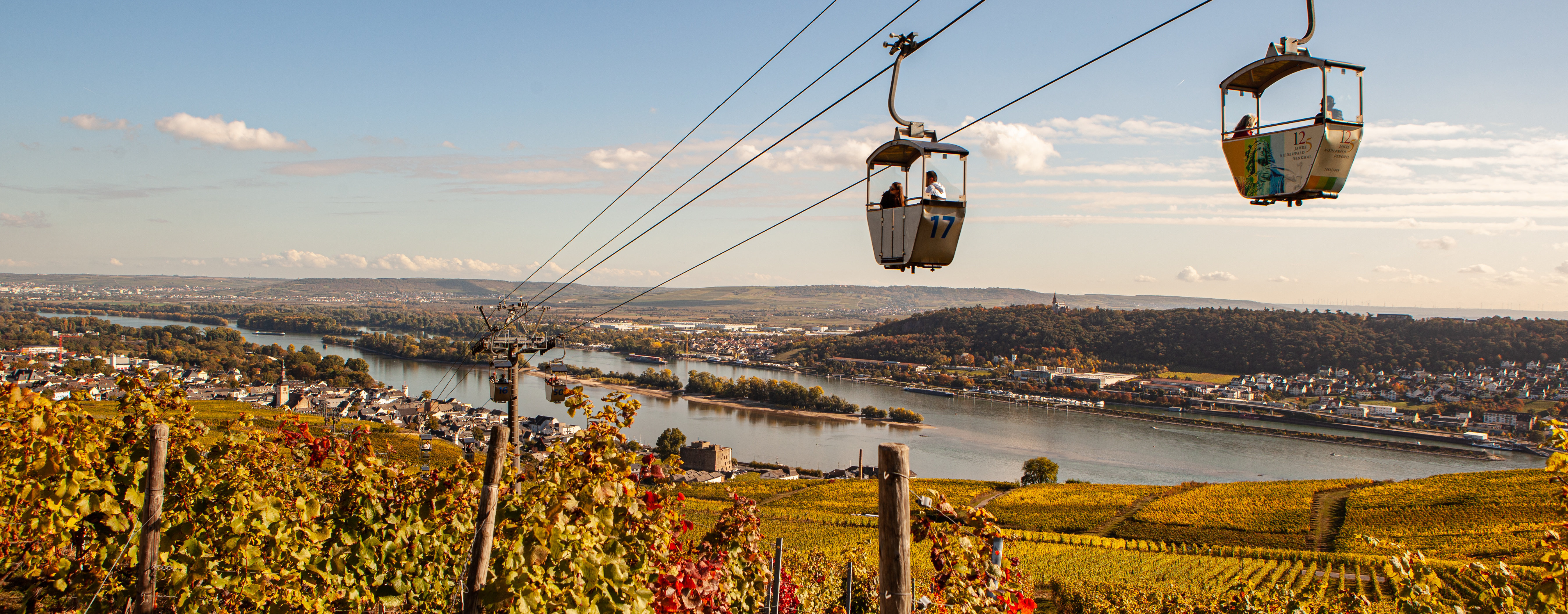 Die Gondel der Seilbahn schweben über den goldgelb gefärbten Herbstlaub.